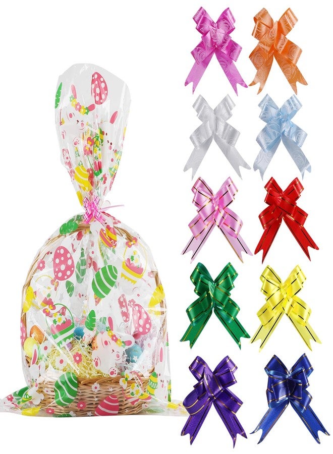 STEFORD 10 PCS Easter Cellophane Basket Bags, 24 x 35 Inch Large Clear Cellophane Wraps Plastic Treat Cello Bags with 10 Colors Pull Bows for contents Baskets Easter Party Favor Supplies - Image 1